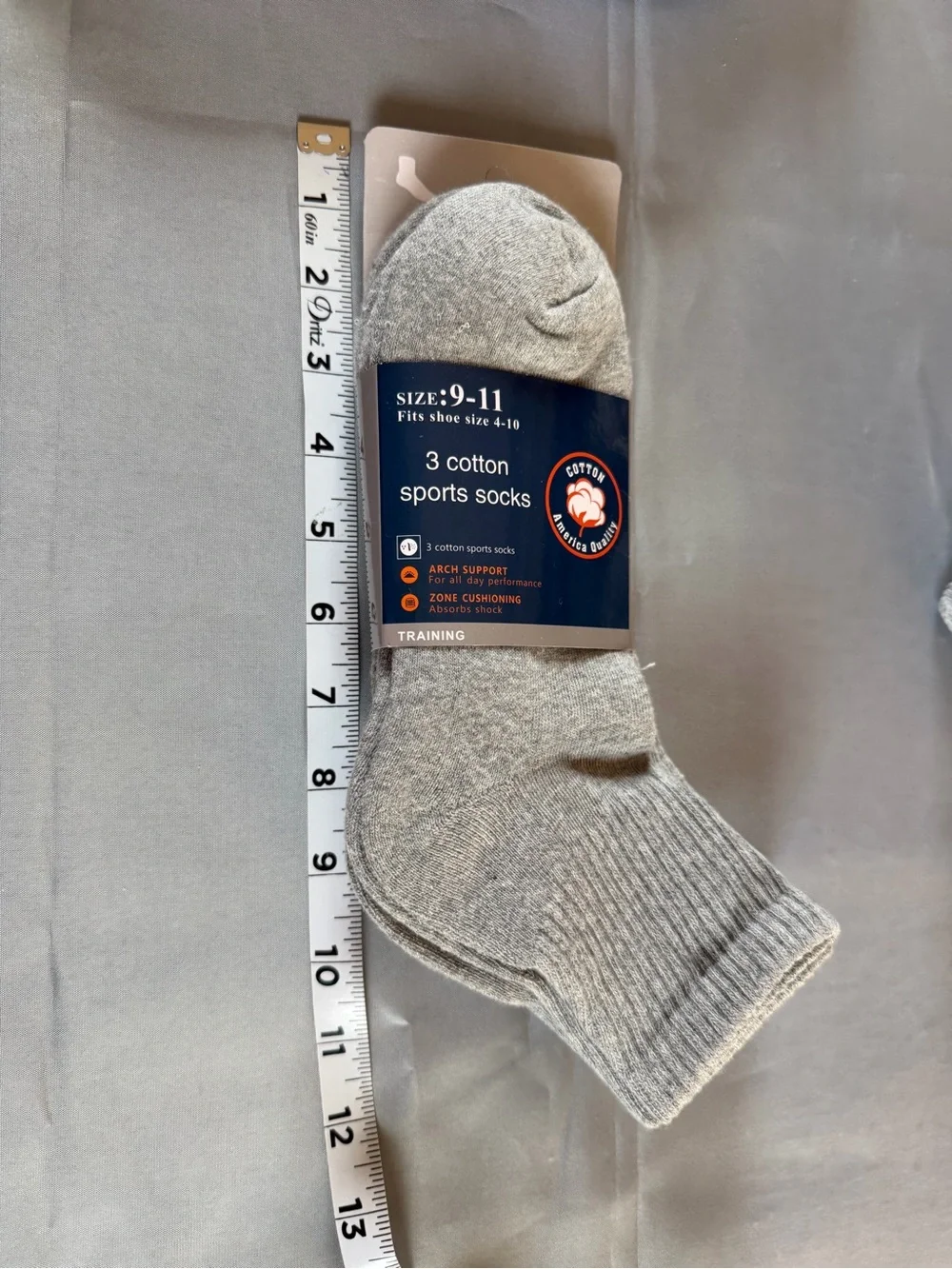 Men's 3-Pack Grey Cotton Sports Socks - Size 9-11